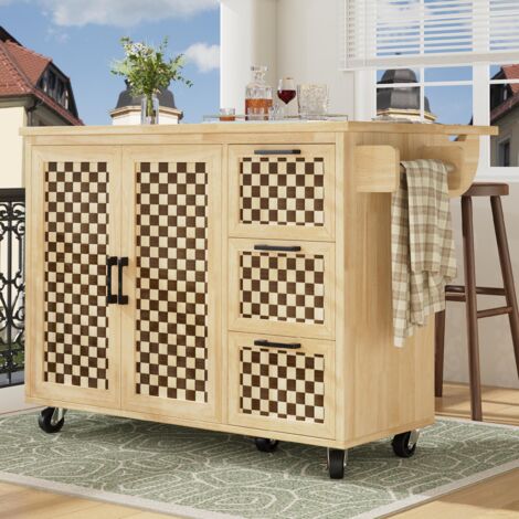 Desserte de cuisine 120x45 cm, Îlot de Cuisine Extensible avec 2 portes et 3 tiroirs - plan réglable, porte-serviettes - finition bois - Naturel