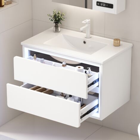 Meuble sous vasque simple 76 cm, Meuble Vasque Murale avec LED Radar – 2 Tiroirs Silencieux, Laqué – Blanc