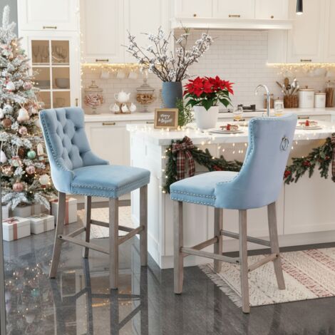 Lot de 2 Tabourets de Bar en Velours - Capitonnage boutonné, pieds en bois et rivets chromés décoratifs - style nordique - Bleu Clair (1/5)