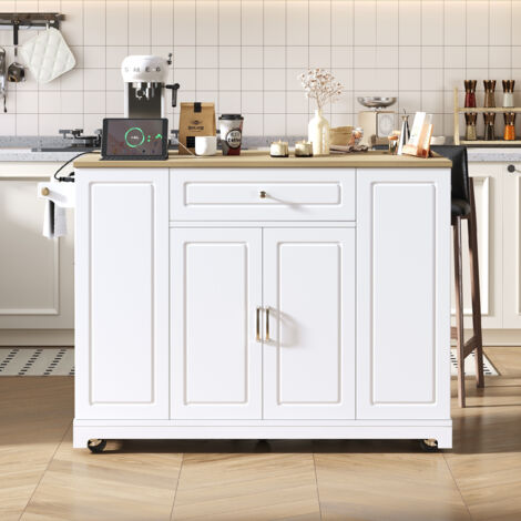 Desserte de cuisine, armoire de cuisine, desserte amovible, coin repas escamotable, buffet imitation bois avec rangements, îlot de cuisine mobile, Blanc