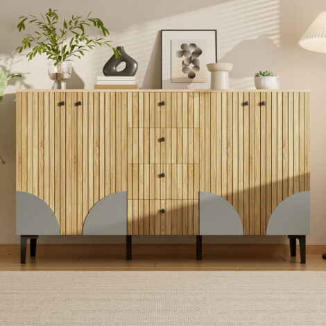 Buffet en bois 160 cm - Meuble de rangement avce 4 portes et 4 tiroirs - Pieds en métal - pour salon, salle à manger ou couloir - Naturel