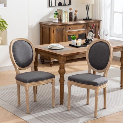 Lot de 2 Chaises en Bois Massif - Dossier confortable en lin, finition vieillie (patinée) - assise rembourrée - style campagnard, Gris foncé