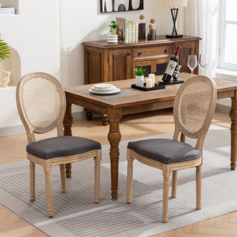 Lot de 2 Chaises en Rotin, Chaises Dossier en cannage confortable - cadre en bois massif avec finition vieillie - assise rembourrée en lin, Gris