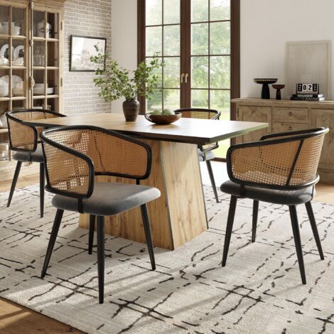 Lot de 4 Chaises - Dossier Rotin, Assise Velours, Confortable, Design Moderne pour Salle à Manger/Salon/Café - Gris (1/5)