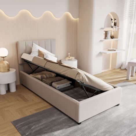 Lit coffre simple 90x200, lit capitonné avec rangement - tête réglable, sommier lattes - Tissu lin, pour ado, Beige