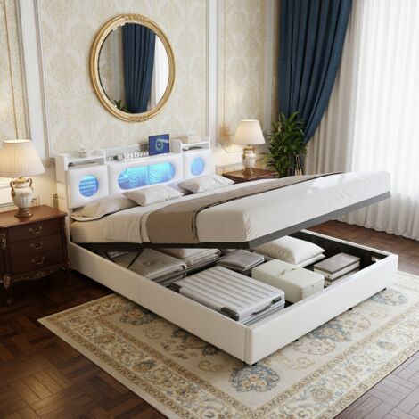 Lit coffre 160x200, lit double capitonné, avec Sommier, LED et USB - Tête de lit capitonnée, sommier à lattes - Blanc (1/5)