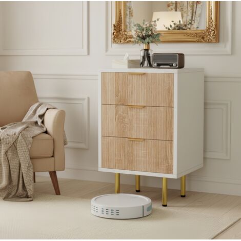 Lot de 2 Tables de Chevet 40 cm, Tables de Chevet avec 3 Tiroirs - Finition texturée - poignées et pieds en métal, rangement - bois naturel