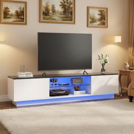 Meuble TV 160, meuble tv avec bande LED intégrée - 2 portes sans poignées et compartiment ouvert, design contemporain - Blanc