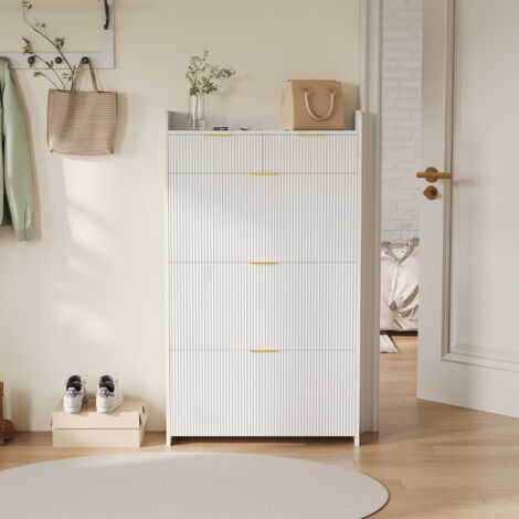 Meuble à chaussures 133 cm, finition texturée – Avec 3 casiers, tiroir et poignées dorées, design moderne - Blanc