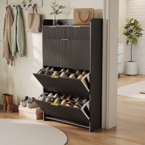 Meuble à chaussures 133 cm, finition texturée – Avec 3 casiers, tiroir et poignées dorées, design moderne - Noir