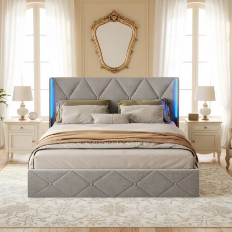 Lit coffre 140x200, bande LED et rangement - Tête de lit velours motif diamant, Gris (1/5)