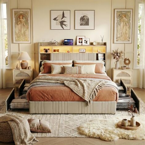 Lit Double 160x200 avec 4 Tiroirs de Rangement - Sommier à Lattes en Bois, LED Intégré et Ports USB - Lin, Beige (1/5)