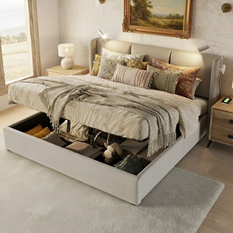 Lit coffre 160x200cm, lit double avec tête de lit, sommier à lattes, liseuse avec chargement USB, rangements, cadre de lit, style contemporain, Beige
