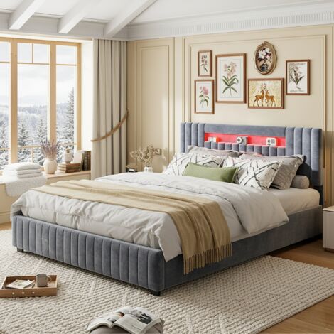 Lit 160x200 avec sommier, lit coffre 160x200, lit double capitonné, bande lumineuse LED intégré, rangement, velours, Gris (1/5)