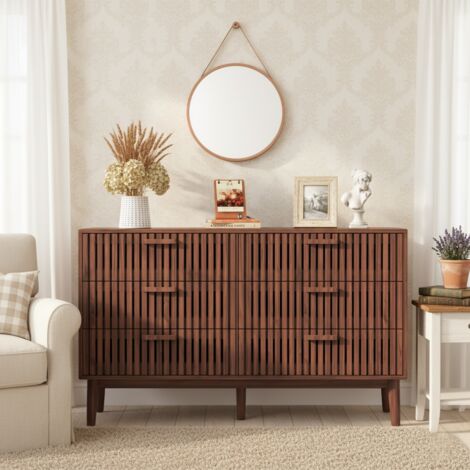 Commode Bois 100 cm avec 6 Tiroirs - Commode de Chambre Poignées et pieds en bois – Style scandinave, Marron