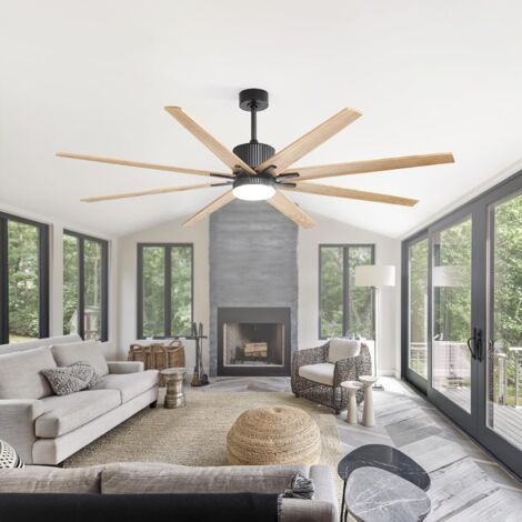 Ventilateur de plafond XXL 193 cm avec LED intégré – moteur DC basse consommation, Contrôle vocal Alexa et App, 8 pales en bois véritable – Noir