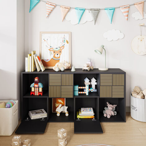 Étagère pour enfants, bibliothèque en bois massif - avec 8 espaces de rangement, charnières sécurisées, design à rayures - 30x60x120 cm, Noir