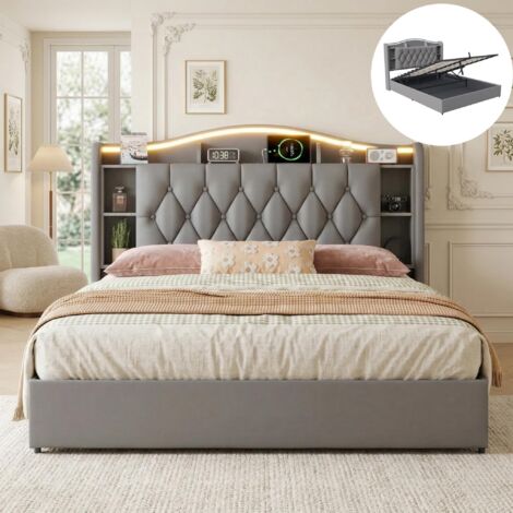 Lit coffre double 140x190, tissu peluche, bande LED et ports USB intégrés – Structure à lattes, grand espace de stockage – design moderne, Gris (1/5)
