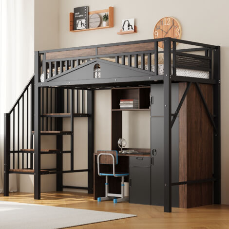 Lit mezzanine 90 x 200 cm, lit enfant avec rangement et escalier, protection antichute, design moderne, Noir