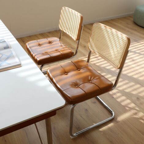 Lot de 2 Chaises de Salle à Manger, placage en rotin, Similicuir Rembourré et Pieds Chromés, Design Moderne Breuer, Marron