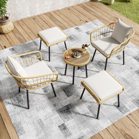 Salon de jardin en rotin 5 pièces, mobilier de jardin avec 2 fauteuils et 2 chaises, coussins, Ensemble table et chaise de jardin - Naturel (1/5)