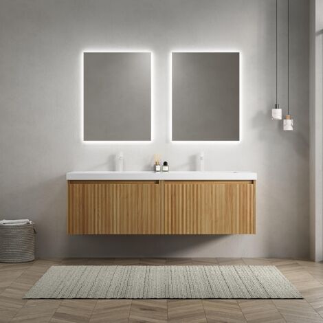 Meuble double vasque suspendu 140 cm, avec 2 vasques et 2 tiroirs intégrés, finition bois, design épuré, Naturel