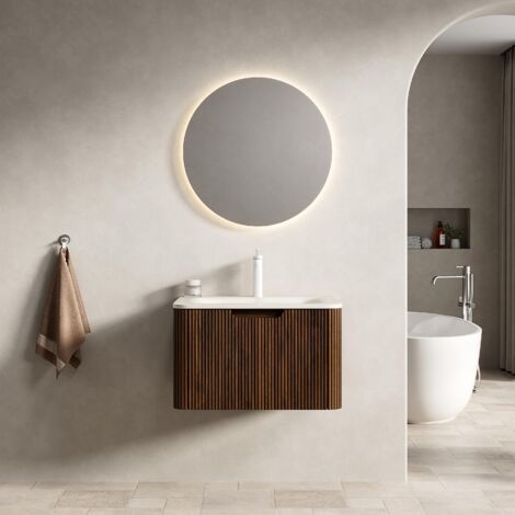 Meuble de salle de bain suspendu 60 cm, en pierre reconstituée travertin – Vasque thermoformée intégrée, noyer avec tiroir, design élégant – Marron (1/5)