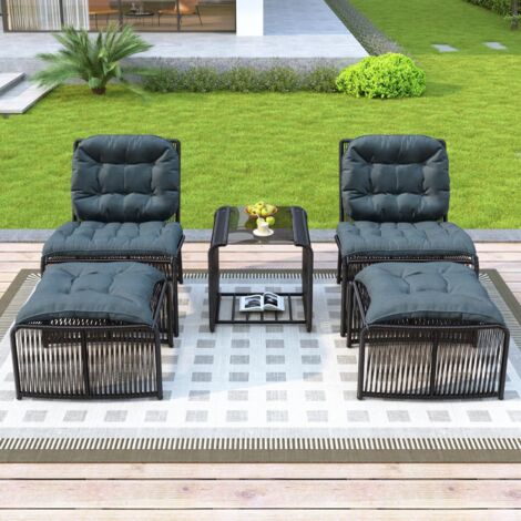 Ensemble de jardin 2 places pour balcon – 2 fauteuils, 2 tabourets, table verre, structure rotin PE et fer, coussins confortables inclus, résistant aux UV et intempéries (1/5)