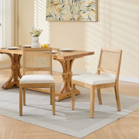 Lot de 2 Chaises en Bois Massif - Dossier confortable en lin, Assise rembourrée en rotin – idéales pour cuisine et salle à manger – style champêtre, Beige (1/5)