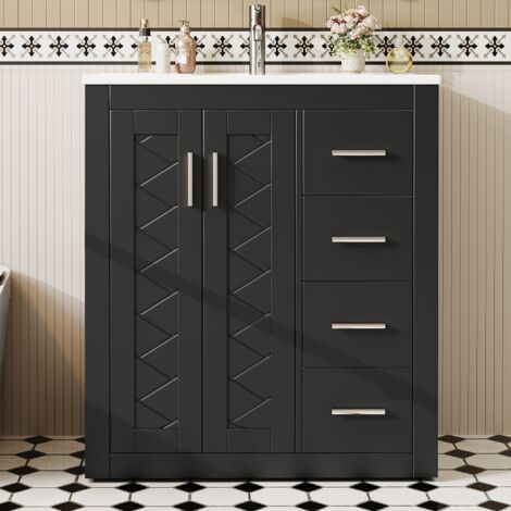 Meuble Salle de Bain sur Pied 85 cm – avec Vasque Céramique, 3 Tiroirs & 2 Portes, Fermeture Silencieuse – Design Scandinave, Noir