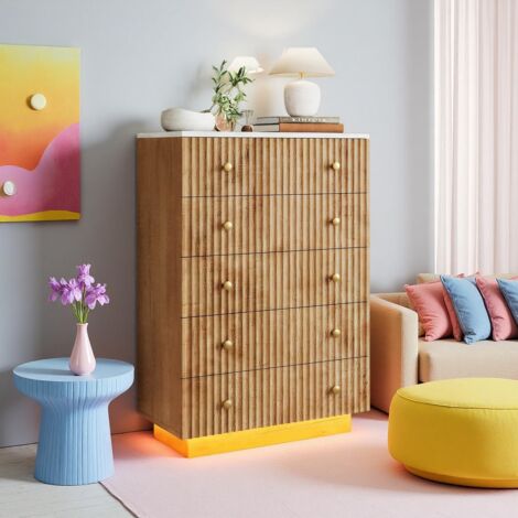 Commode avec 5 tiroirs, Meuble de rangement avec éclairage LED intelligent – Aspect bois, Grande capacité – Dispositif anti-trébuchement – Natural (1/5)