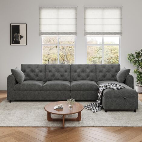 Canapé d'angle en velours avec rangement intégré - Modèle réversible gauche/droite, poches latérales magazines, dossier capitonné boutonné, 281x86x71 cm, Gris