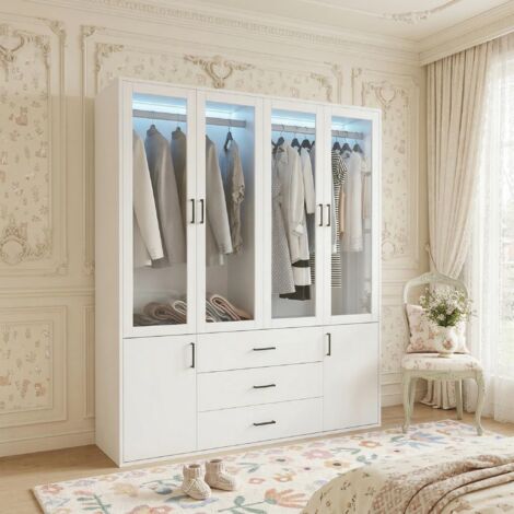 Armoire de Chambre en Bois Massif Blanc - 2 Portes avec Miroir et 3 Tiroirs - Penderie Style Scandinave, Poignées Noires