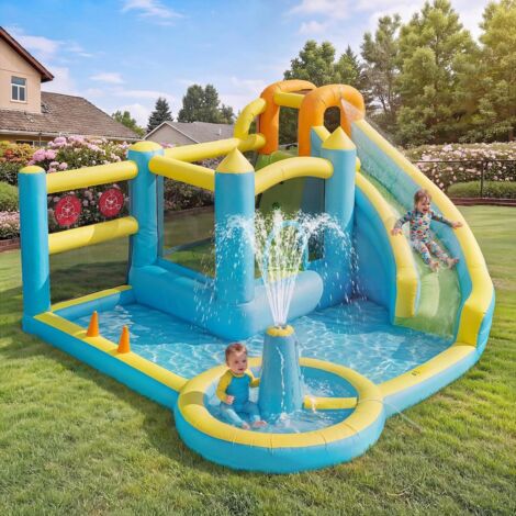 Grand Château Gonflable Aquatiqu avec Toboggan & Piscine - Souffleur Inclus - Aire de Jeux Jardin, Jeux de plein air enfant