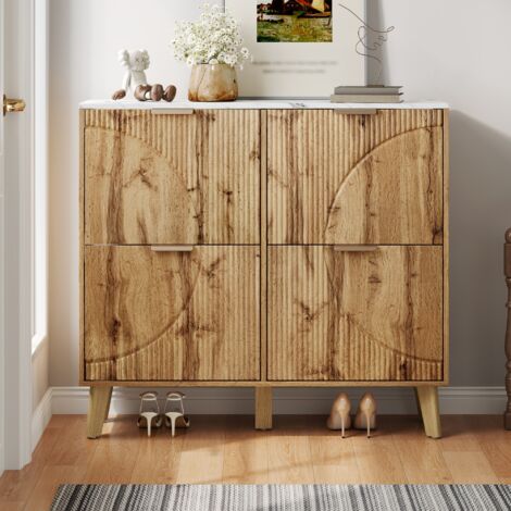 Meuble à Chaussures 105 cm en Bois Massif - 4 Portes avec Plateau Effet Marbre et Relief 3D - Design Élégant