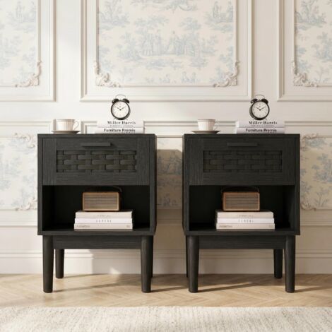 Lot de 2 Tables de Chevet en Rotin Noir - 1 Tiroir et Pieds en Bois - Style Scandinave et Bohème