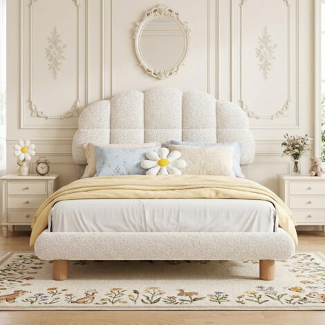 Lit Simple Enfant 90x190 cm en Tissu Peluche Blanc - Lit cabane avec Tête de Lit Rembourrée et Sommier à Lattes - Design Scandinave