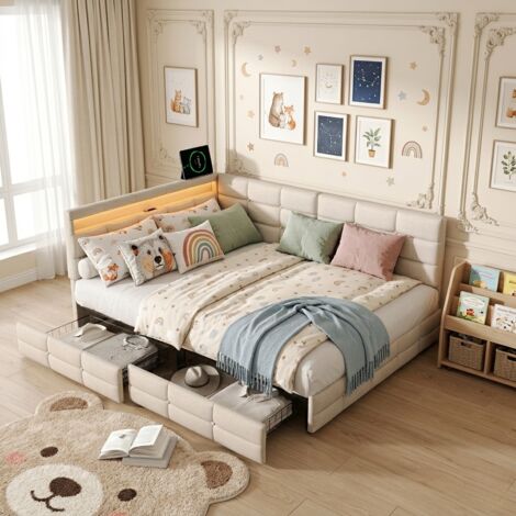 Lit Double avec tiroirs 140x190 cm, Lit Adulte avec LED et USB, Sommier à Lattes, Scandinave, Tissu lin, Beige