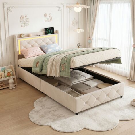 Lit coffre 90x190 cm, lit simple avec LED intégrée et port de charge USB, sommier à lattes, espace de rangement, velours, design, Beige