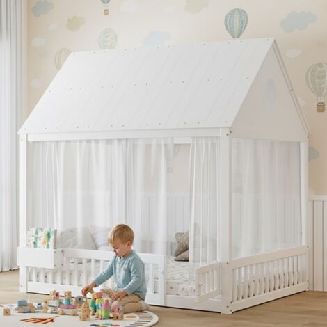 Lit cabane enfant 140x200 cm avec sommier à lattes – Toit et fenêtre intégrés, pin massif, design scandinave – Idéal pour ado et enfant, Blanc