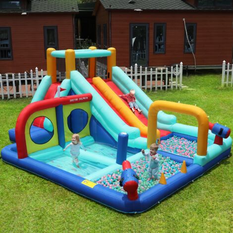 Château gonflable 5 en 1 avec château d'eau, double toboggan aquatique, mur d'escalade, pistolet à eau, fontaine, bar de boxe, parc aquatique extérieur avec souffleur pour enfants de 3 à 8 ans - Bleu