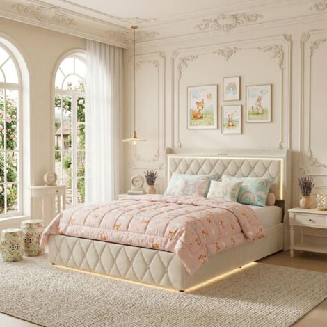 Lit coffre double 160x200 cm, Lit Adulte en Velours Beige - Tête de Lit Décoration Diamant - Sommier Inclus, Design Scandinave (1/5)