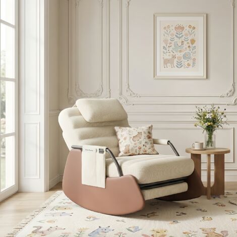 Rocking Chair Velours Côtelé Beige avec Repose-pieds - Dossier Inclinable 3 Positions et Poche Latérale, Fauteuil d'allaitement - Scandinave
