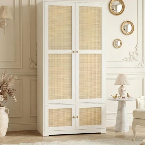 Armoire de Chambre 2 Portes avec Cannage en Rotin - Finition Laquée Blanc 90x48x180 cm - Penderie avec Tringle et Étagères - Naturel