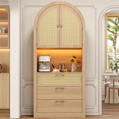 Vitrine Haute Design Arqué 180 cm avec LED Réglable - Cannage en Rotin, 3 Tiroirs et 2 Étagères - Naturel
