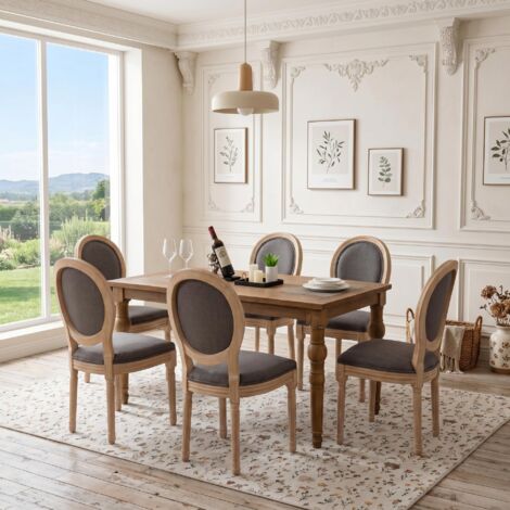 Lot de 6 Chaises en Bois Massif - Dossier confortable en lin, finition vieillie (patinée) - assise rembourrée - style campagnard, Gris foncé