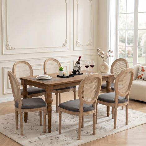 Lot de 6 Chaises en Rotin, Chaises Dossier en cannage confortable - cadre en bois massif avec finition vieillie - assise rembourrée en lin, Gris