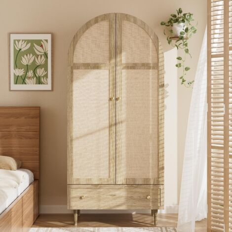 Armoire à un tiroir, portes en tissu, poignées dorées et pieds en bois. Idéale pour une chambre ou un dressing - 79x50x175 cm - Beige