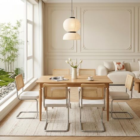Lot de 6 Chaises Moyen Siècle – Velours et Cannage Doré – Dossier en rotin naturel, piètement chromé, pour salle à manger - Beige