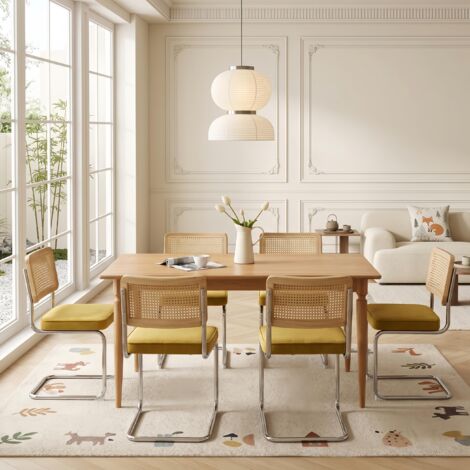 Lot de 6 Chaises Moyen Siècle – Velours et Cannage Doré – Dossier en rotin naturel, piètement chromé, pour salle à manger - Doré